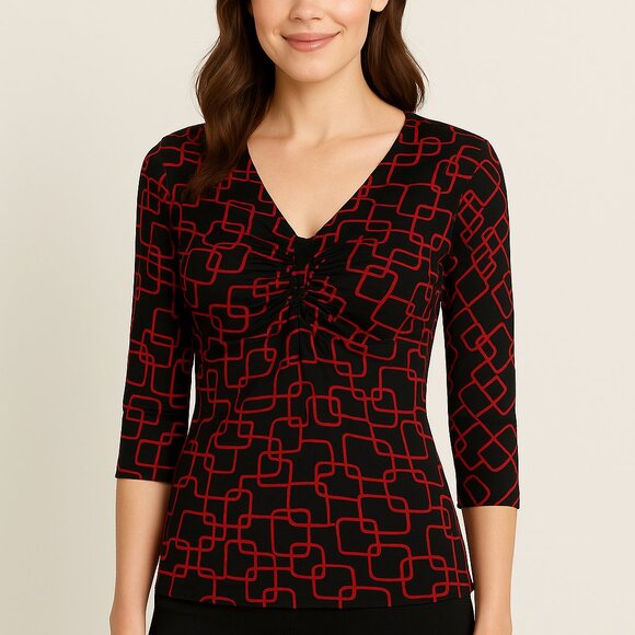 I.N. Studio Petite Black Red Geometric Print V-Neck Top Size P/M Made in USA - Picture 1 of 6